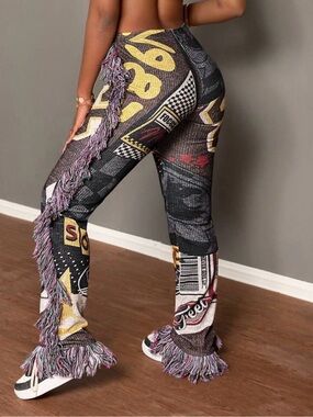 Fringe-Trim Graphic Knit Flare Pants - Multicolor